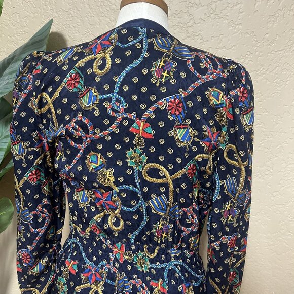 Diane Freis Womens Vintage Long Sleeves Silk dress Printed Deep Blue Size Medium - Picture 3 of 9
